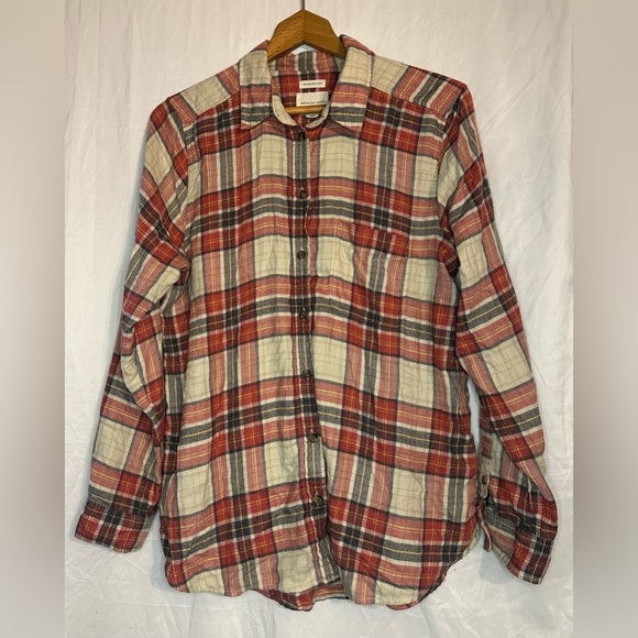 American Eagle Women Boyfriend Fit Long Sleeve Orange/Cream Plaid Flannel Large - Picture 1 of 11